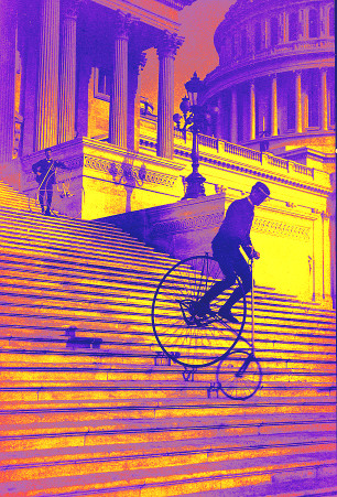 A nineteenth‐century photograph of cyclists on the steps of the U.S. Capitol.